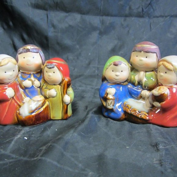 VINTAGE 90'S ALL IN ONE CERAMIC NATIVITY W/4 FIGURES, SET OF 2 - Picture 2 of 6